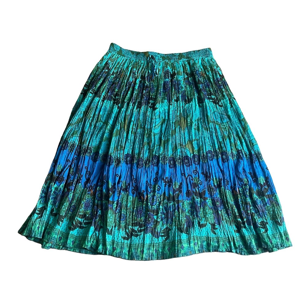 Take Two XL Skirt Boho Crinkle Cotton Floral Maxi Peasant India Teal Blue